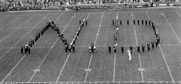 In this vintage photo of the Band of the Fighting Irish the band forms an ND on the field