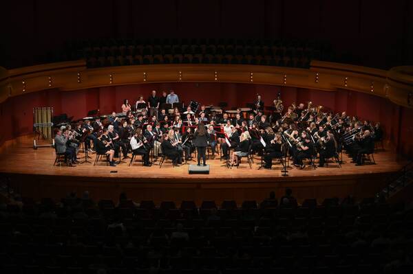 The ND University Band performs on stage at the DeBartolo Performing Arts Center at one of its concerts